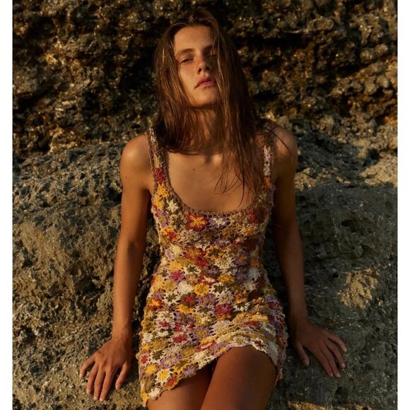 SHE MADE ME Sana Mini Dress in Horizon Floral Small New Womens Crochet Knit - Picture 13 of 13